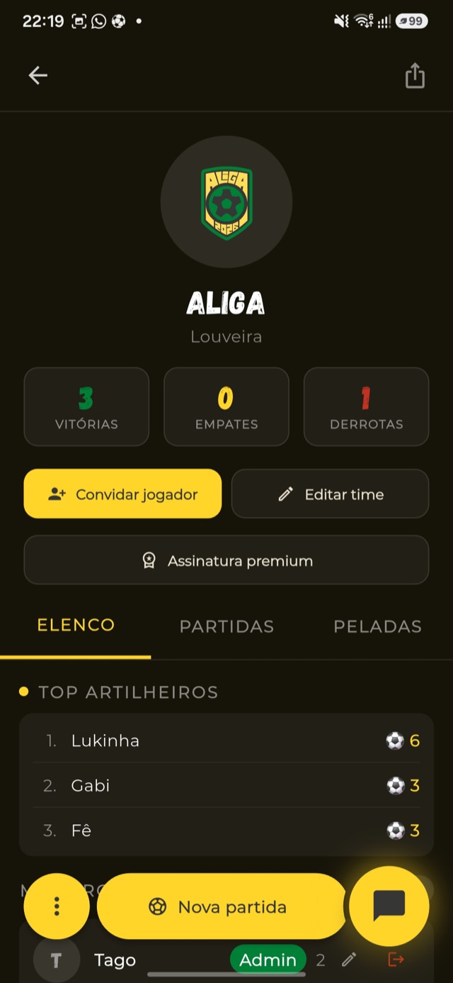 Perfil do time no app aliga