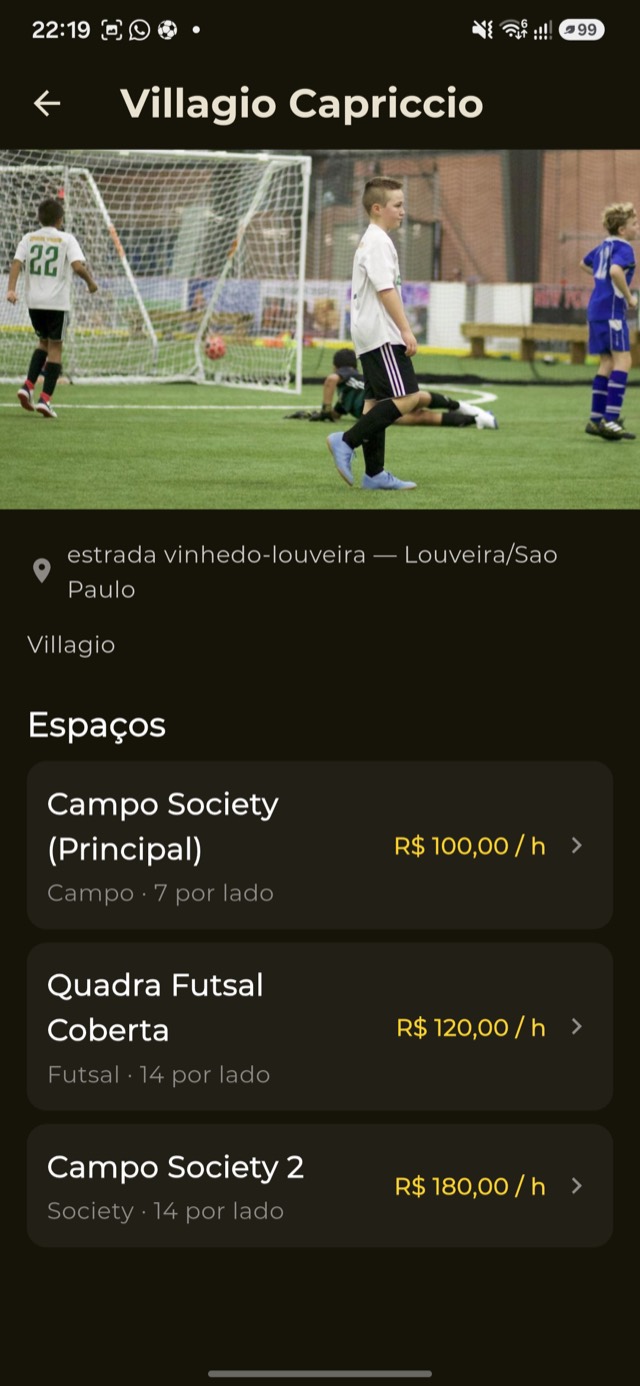Quadras e espaços no app aliga